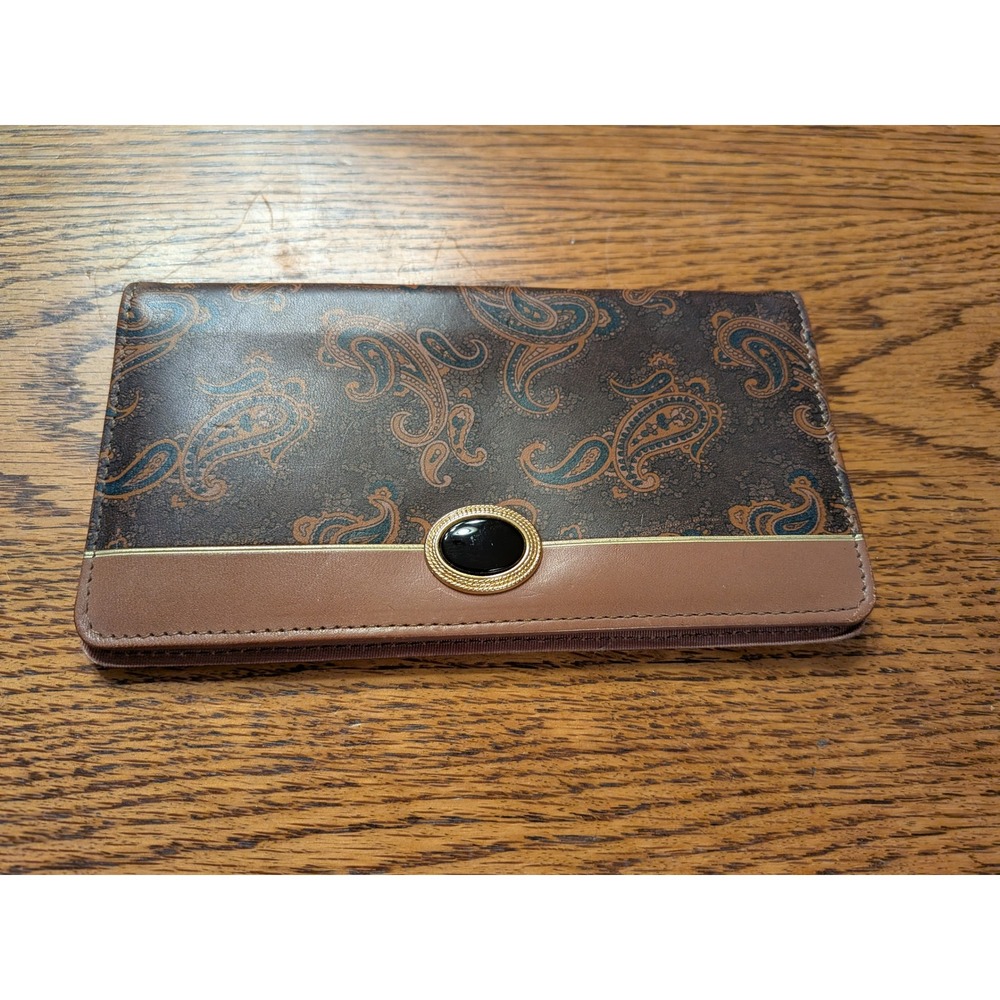 Brown Paisley Clutch Wallet Card Holder Organizer With Black Gem Accent